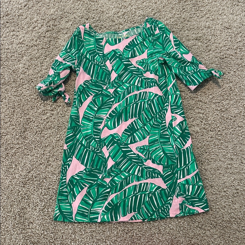 Lilly Pulitzer Girls medium (6-7) cotton dress pink green palm print